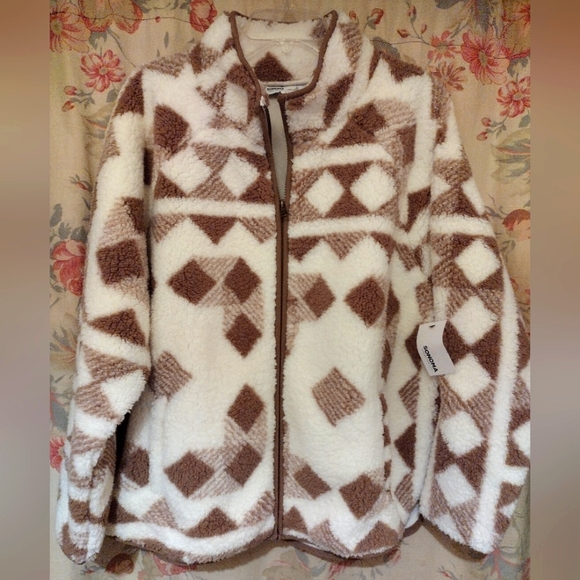 NWT Sonoma Tribal Aztec Print Fleece Sherpa Zip-Up Jacket - Picture 1 of 6
